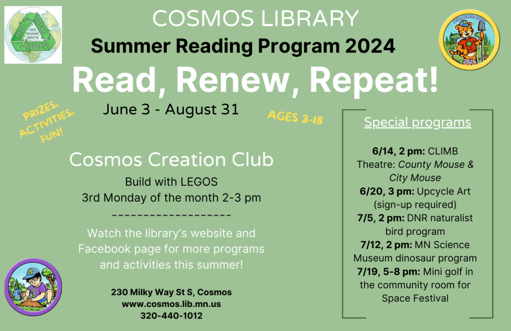 Cosmos Public Library Summer Reading 2024 Read, Renew, Repeat!