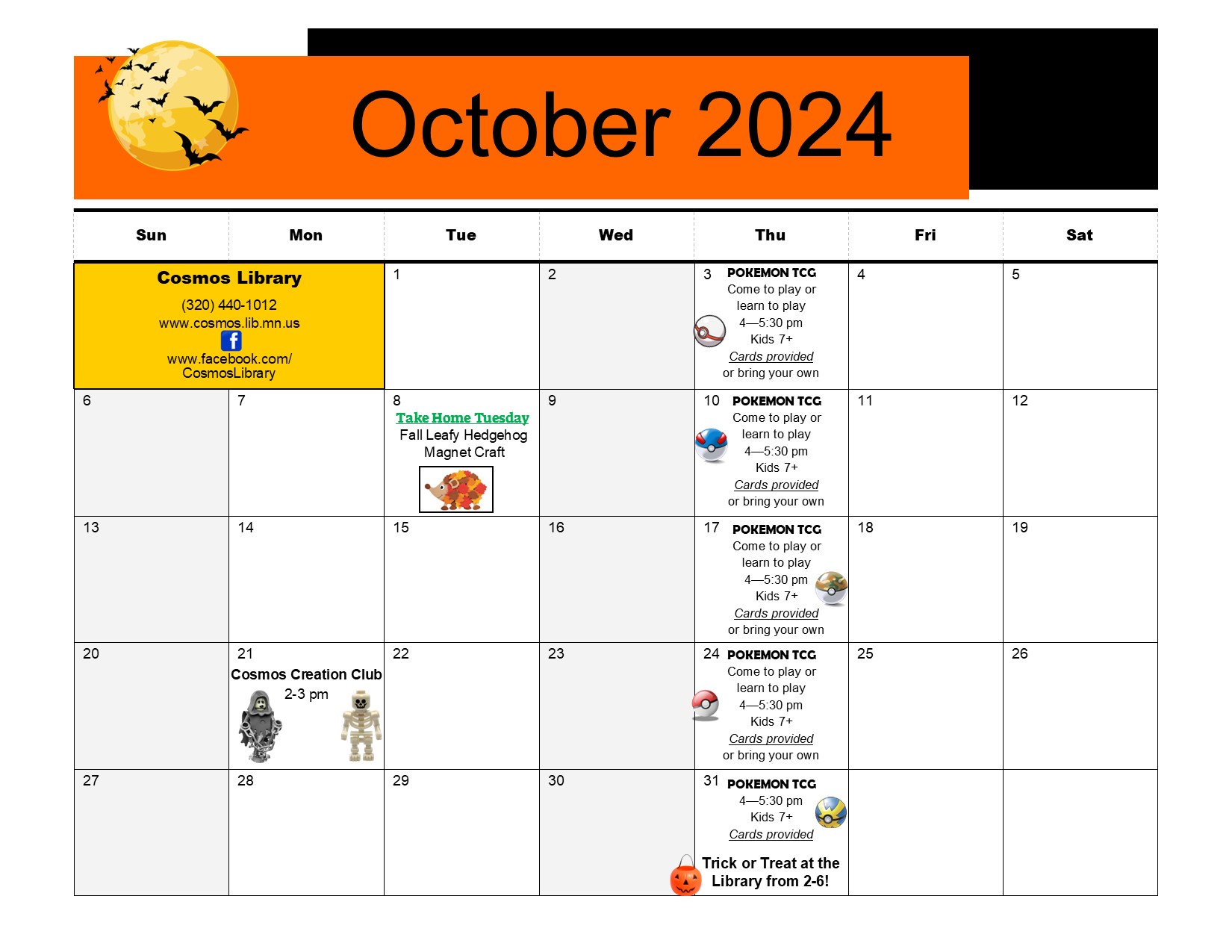 Cosmos Public Library October Events Calendar